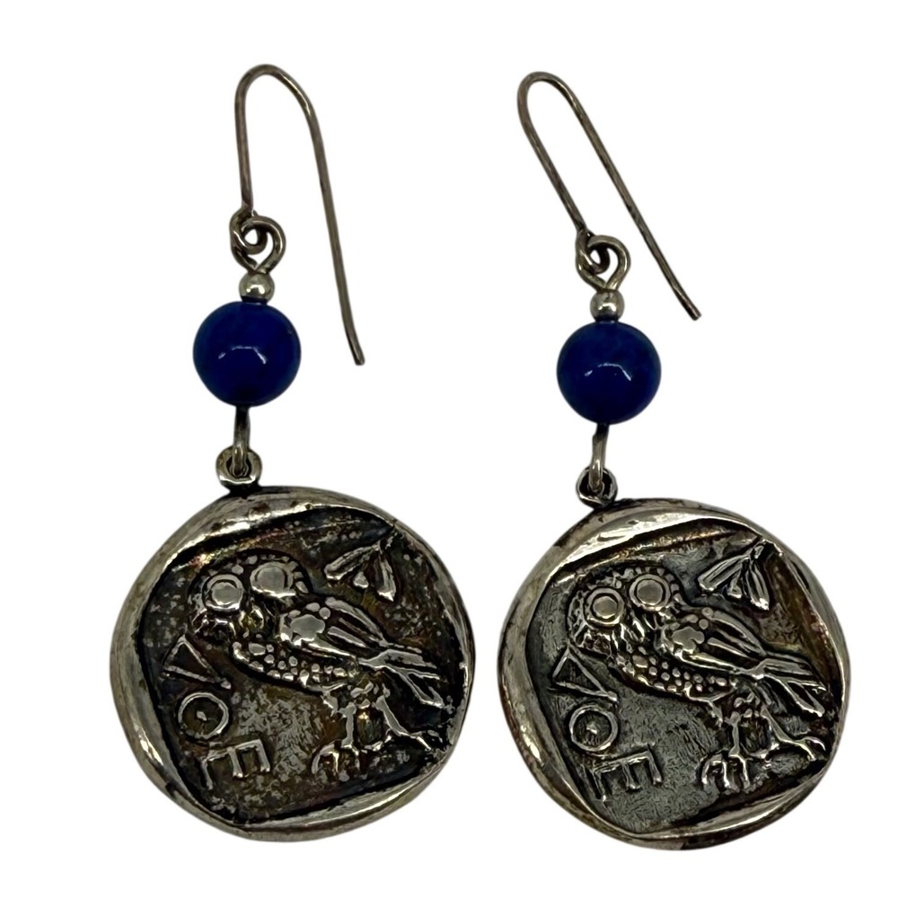 Vintage Greek Sterling Silver Owl Coin Earrings Athenian Tetradrachm Lapis